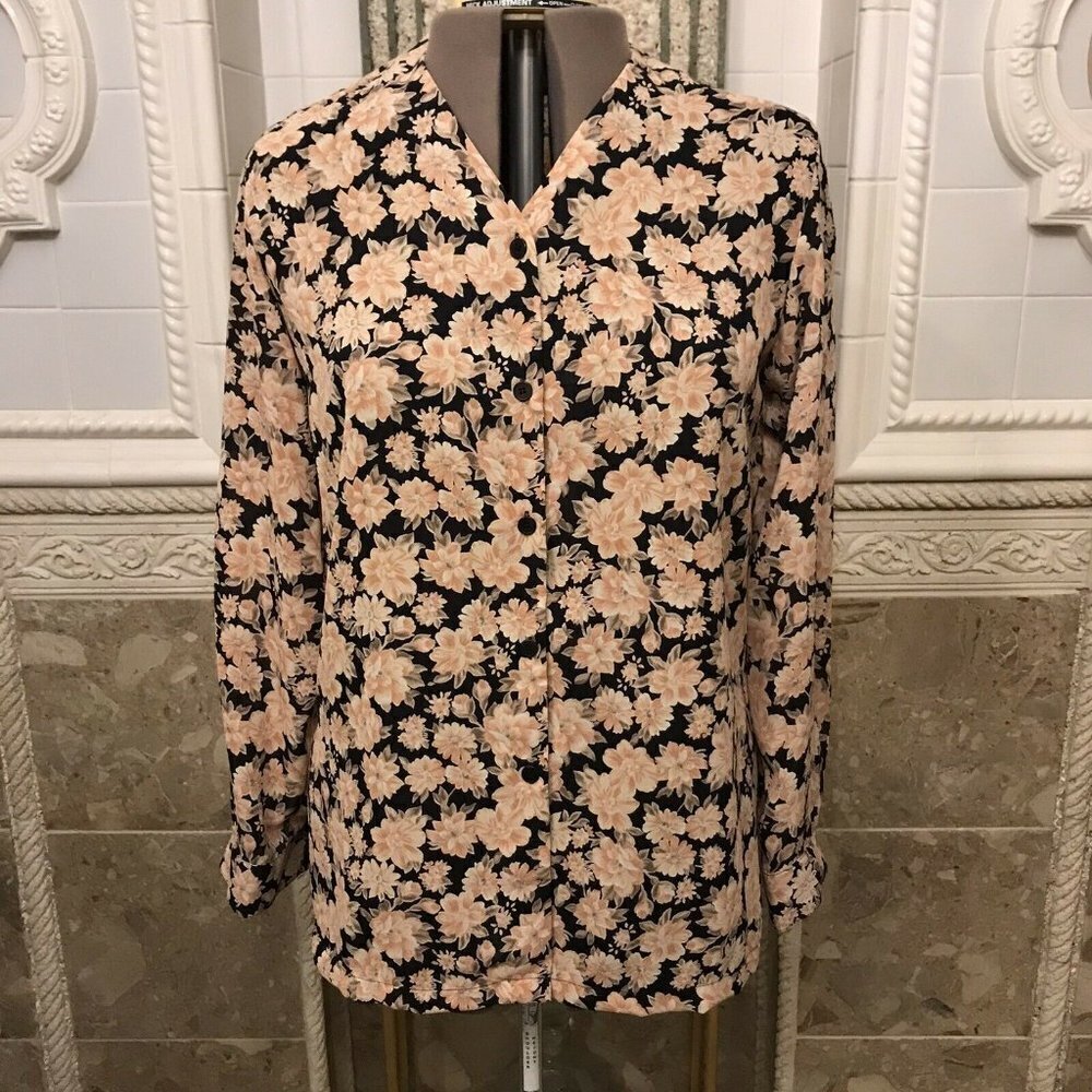 CHAUS. Size 12. Floral collarless long sleeve shirt. Polyester. Bust 42" B18